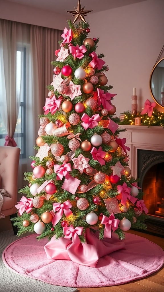 Pink Christmas Tree Decoration Ideas A pink Christmas tree decorated with ornaments and lights in a cozy living room.